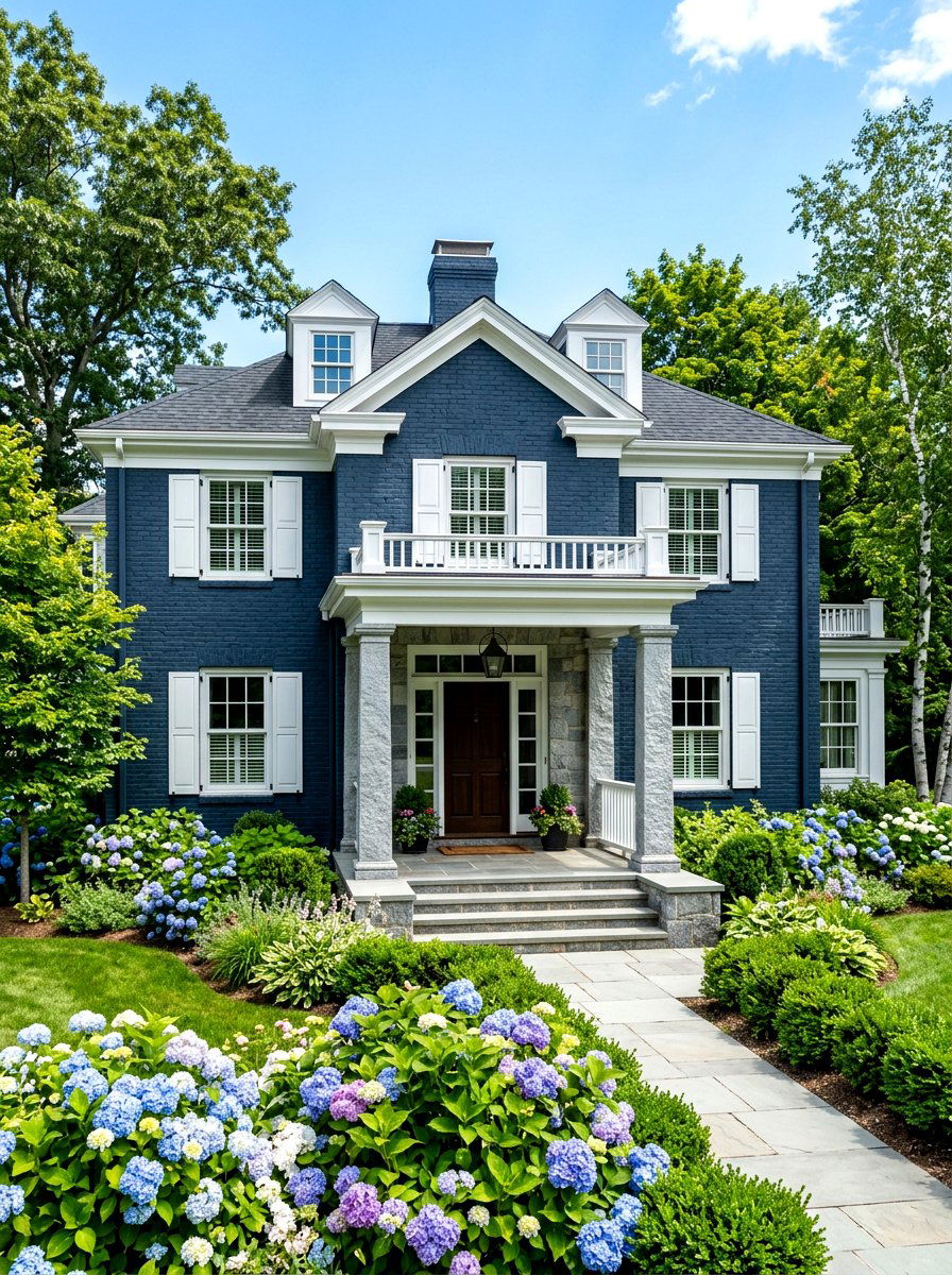 Dark blue painted brick house - 30 painted brick house ideas