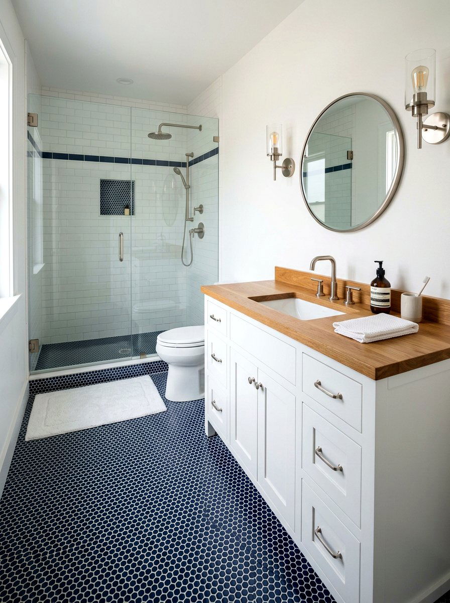 Dark blue penny tile - 30 penny tile bathroom ideas