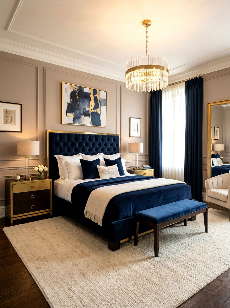 Dark blue velvet bed - 30 inky blue bedroom decor ideas
