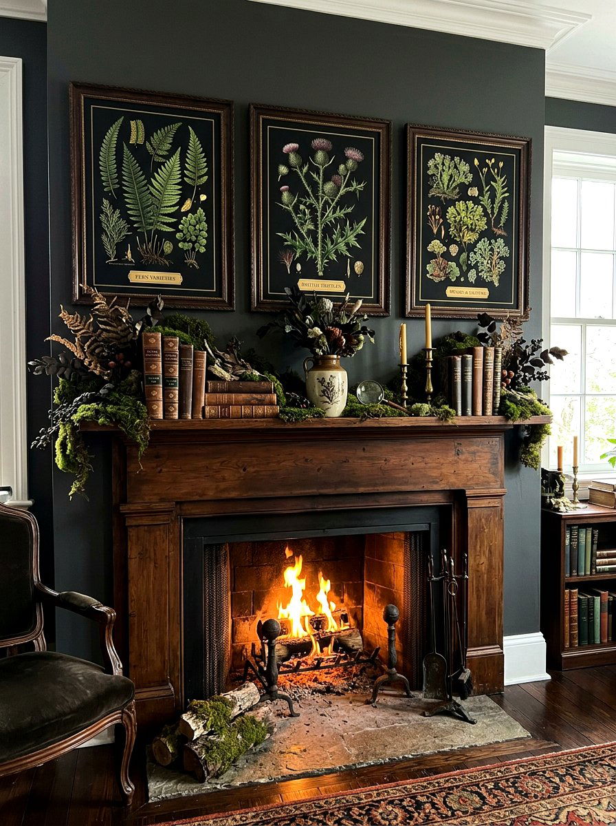 Dark botanical art - 30 moody mantel fall ideas