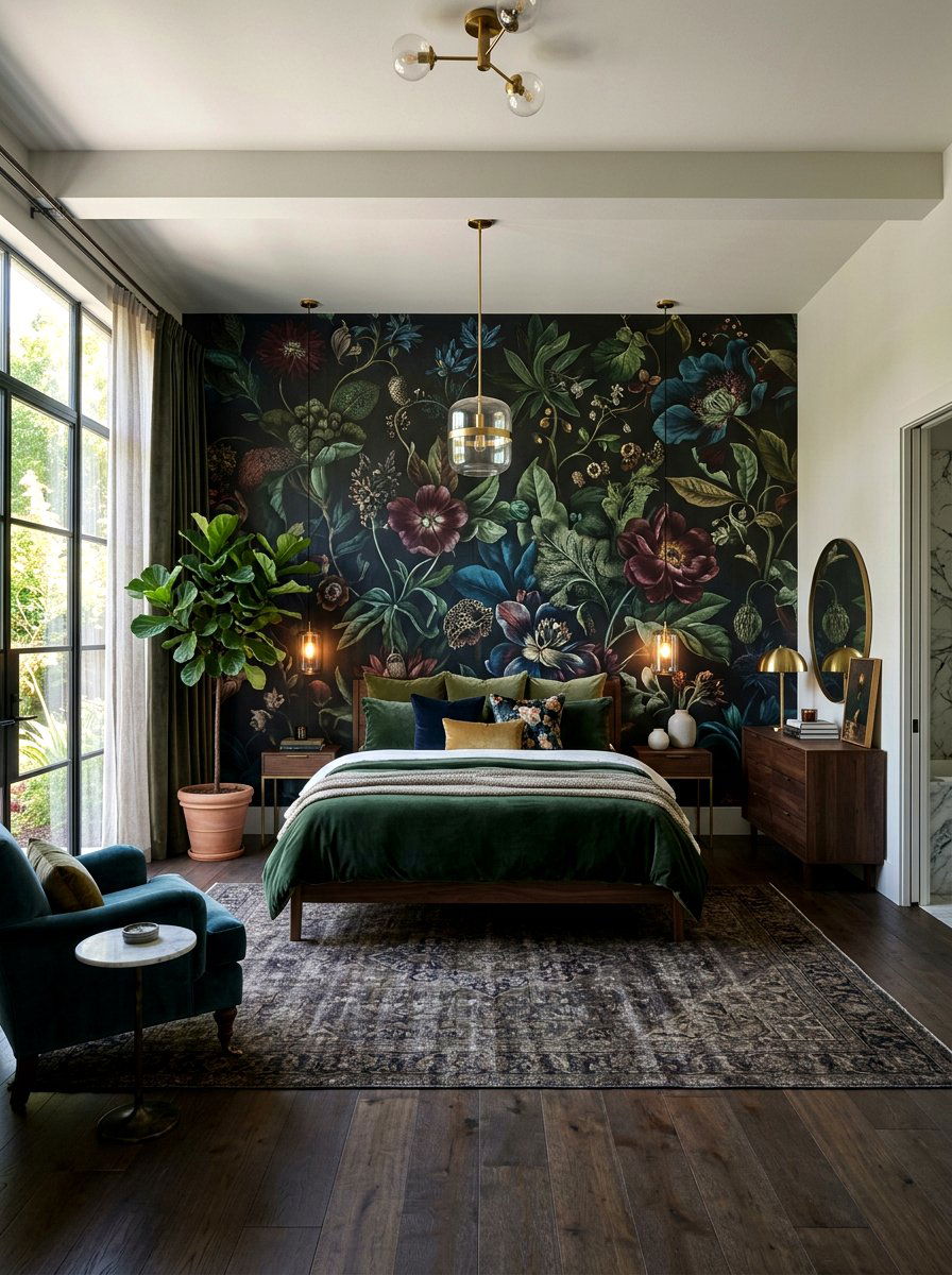 Dark botanical master suite - 30 dark floral fall decor ideas