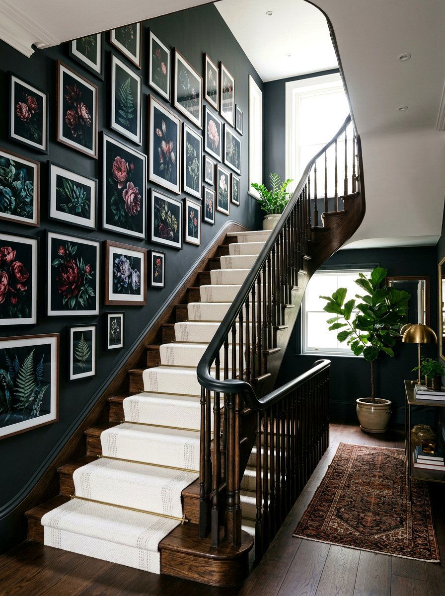 Dark botanical staircase gallery - 30 dark floral fall decor ideas