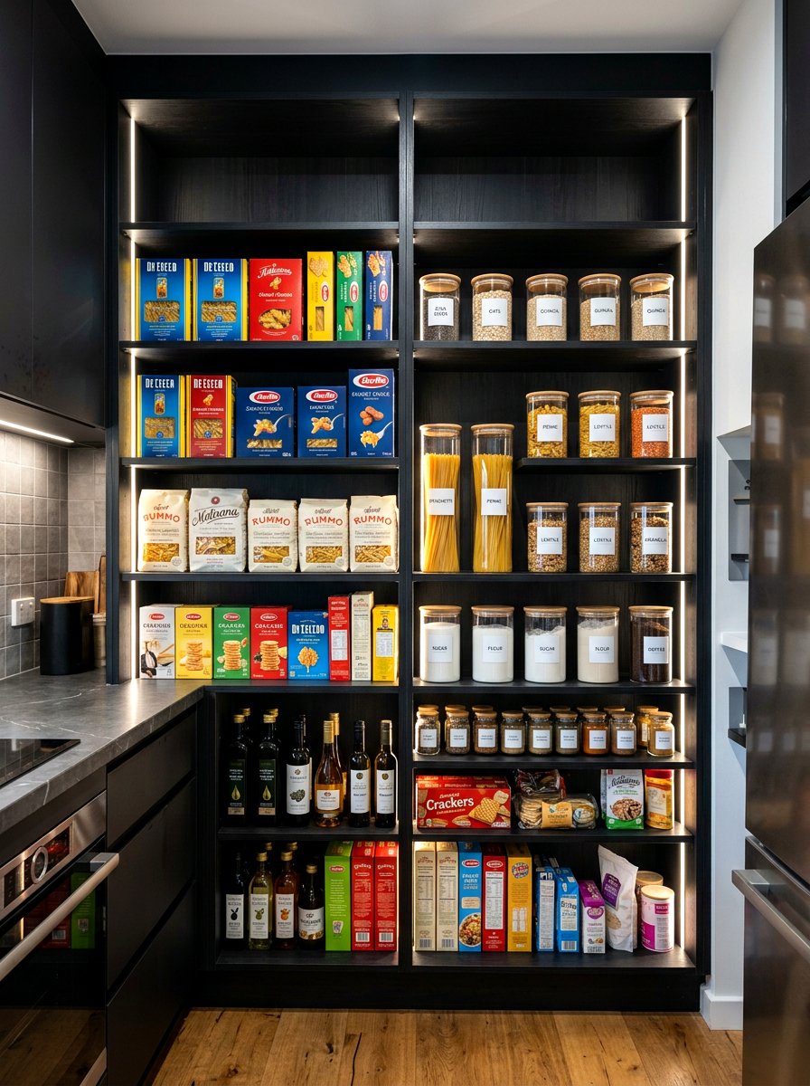 Dark cabinetry open pantry shelves - 30 pantry with open shelving ideas