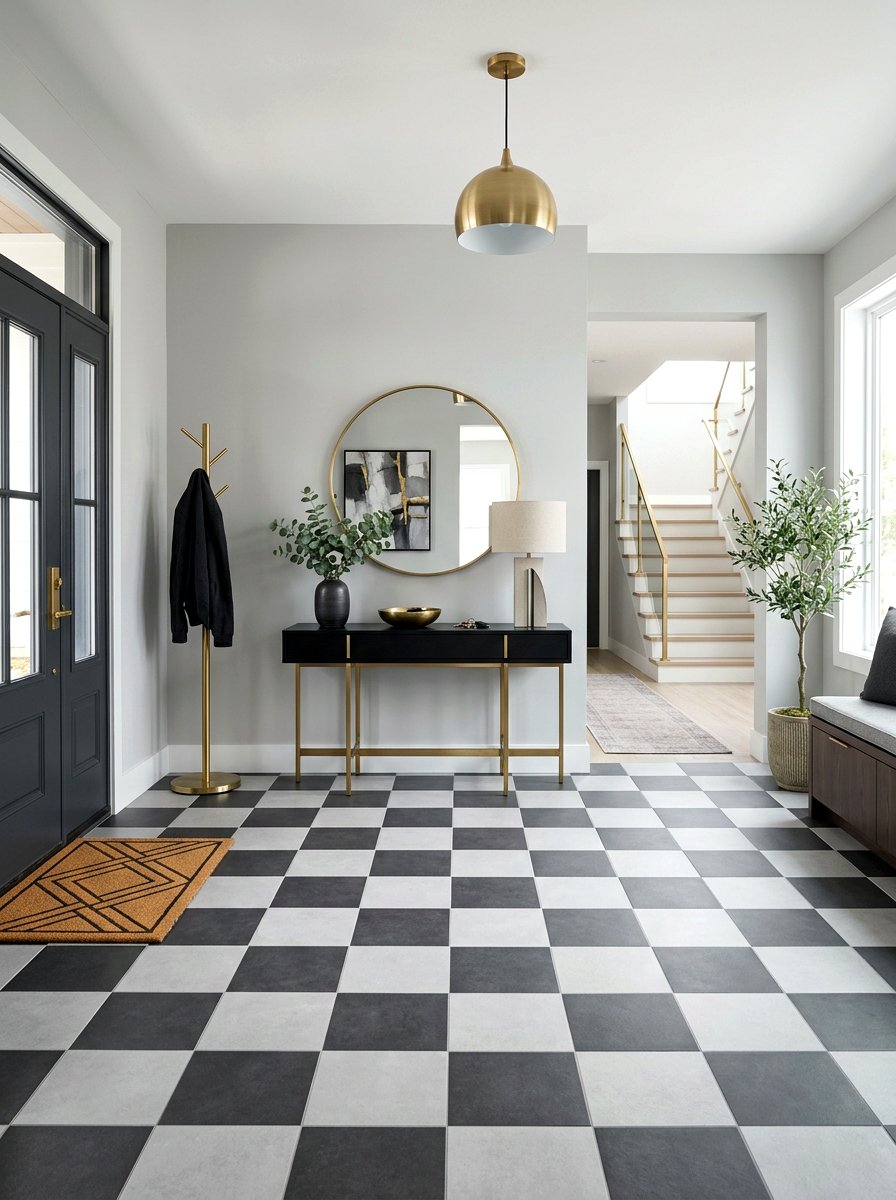 Dark charcoal and light grey foyer - 30 checkerboard foyer floor ideas