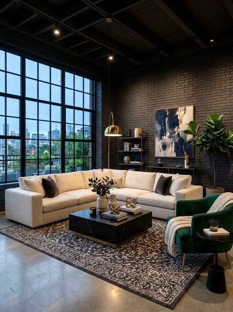 Dark charcoal brick living room - 30 brick accent wall ideas