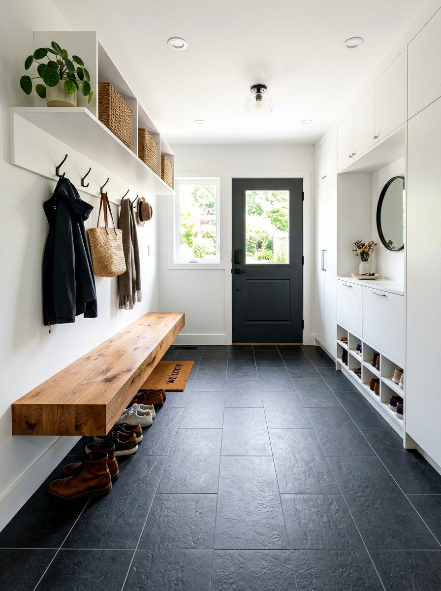 Dark charcoal floor tile - 30 patterned mudroom tile ideas