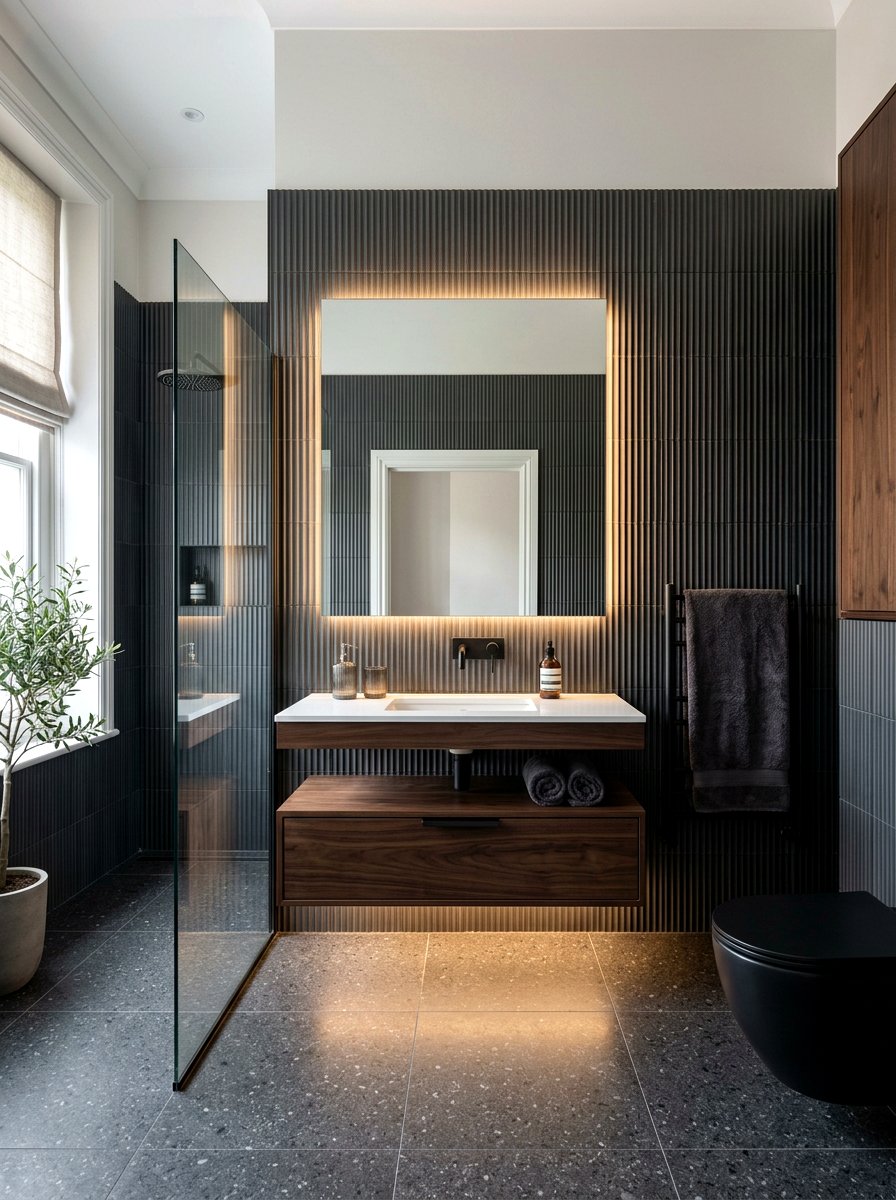 Dark charcoal fluted wall tile - 30 removable tile bathroom ideas