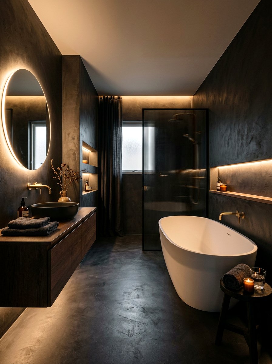 Dark charcoal microcement bathroom - 30 microcement bathroom ideas