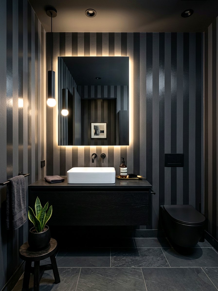 Dark charcoal striped powder room - 30 striped powder room ideas