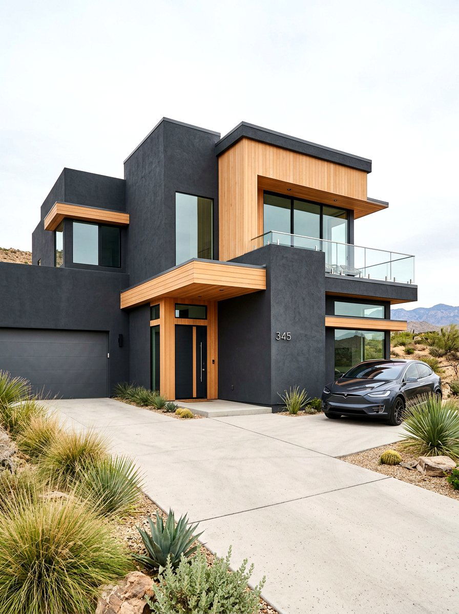 Dark charcoal stucco facade - 30 clay stucco exterior ideas