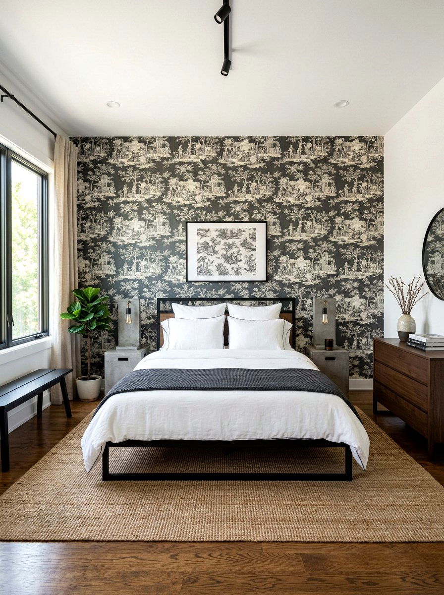 Dark charcoal toile modern room - 30 toile bedroom ideas