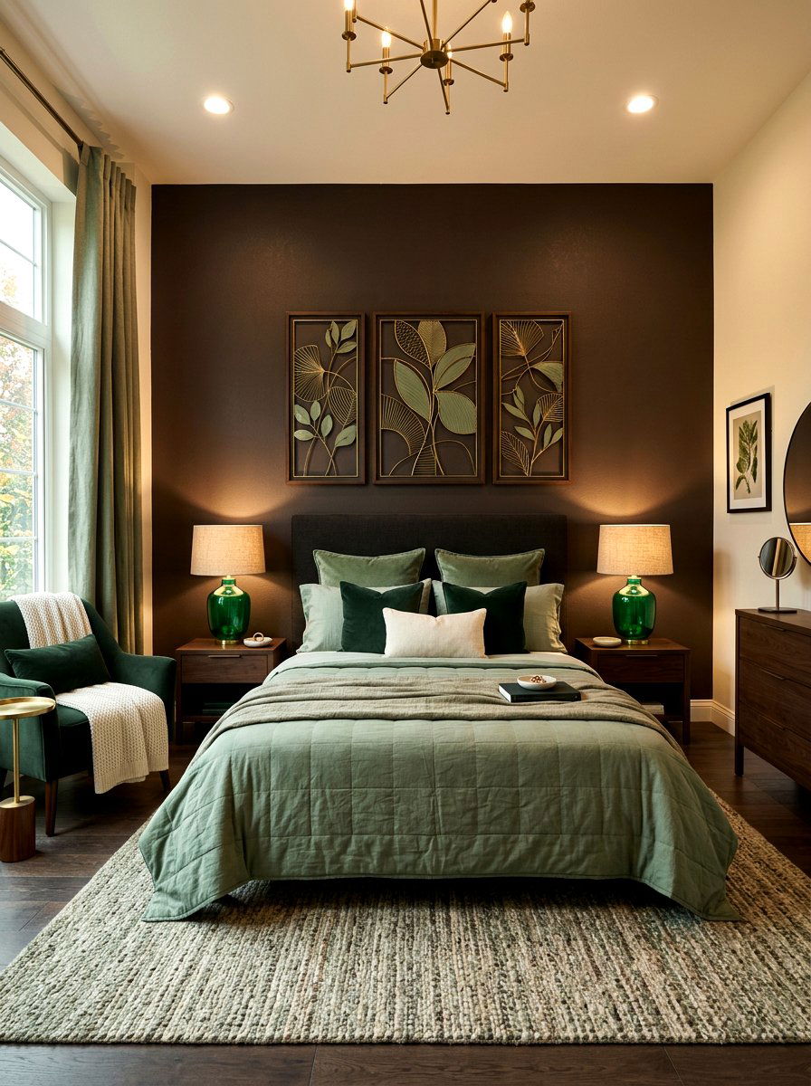 Dark cocoa wall sage decor - 30 sage and cocoa bedroom ideas