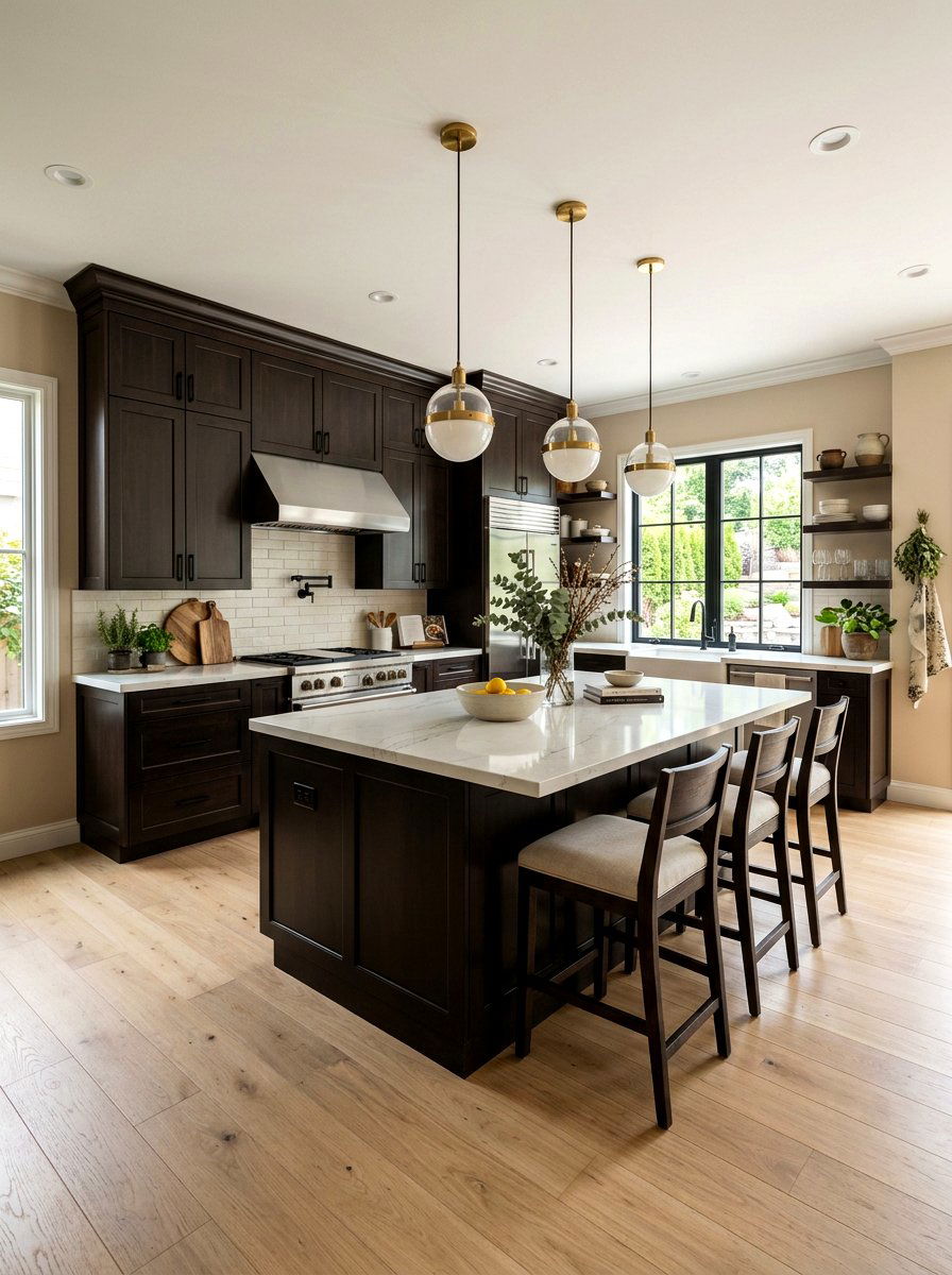 Dark espresso kitchen with light oak flooring - 30 espresso kitchen ideas