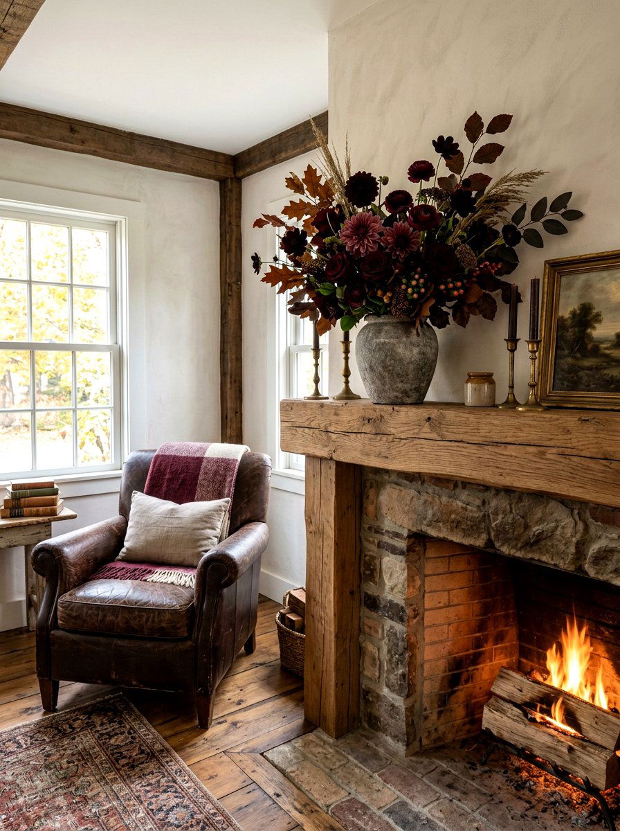 Dark floral arrangement - 30 moody mantel fall ideas