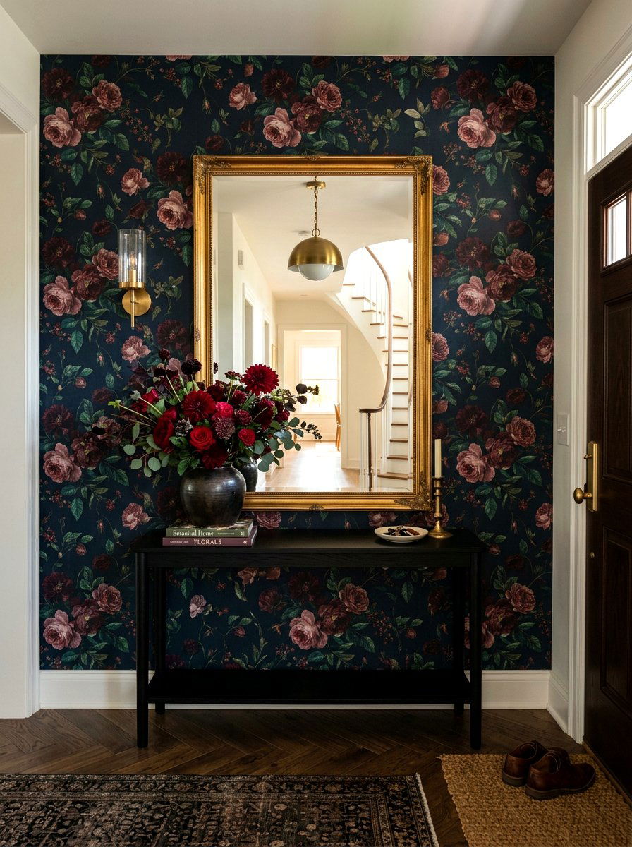 Dark floral entryway console - 30 dark floral fall decor ideas