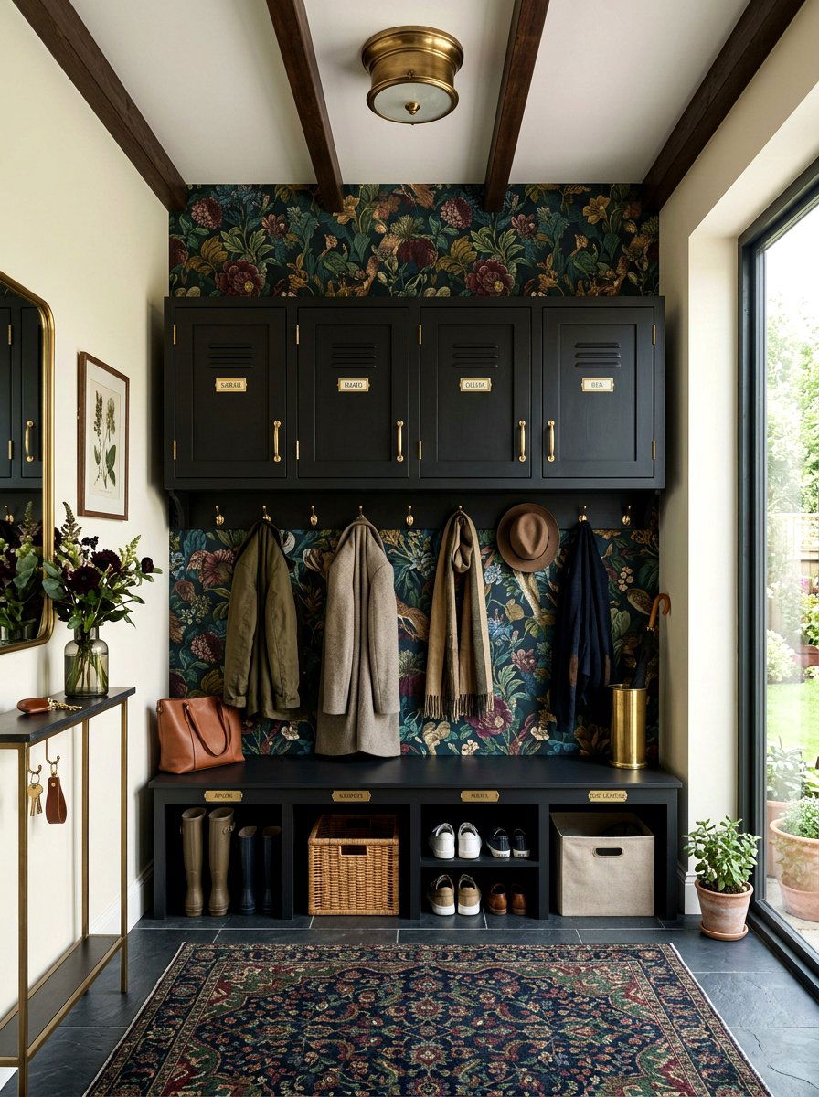 Dark floral mudroom storage - 30 dark floral fall decor ideas