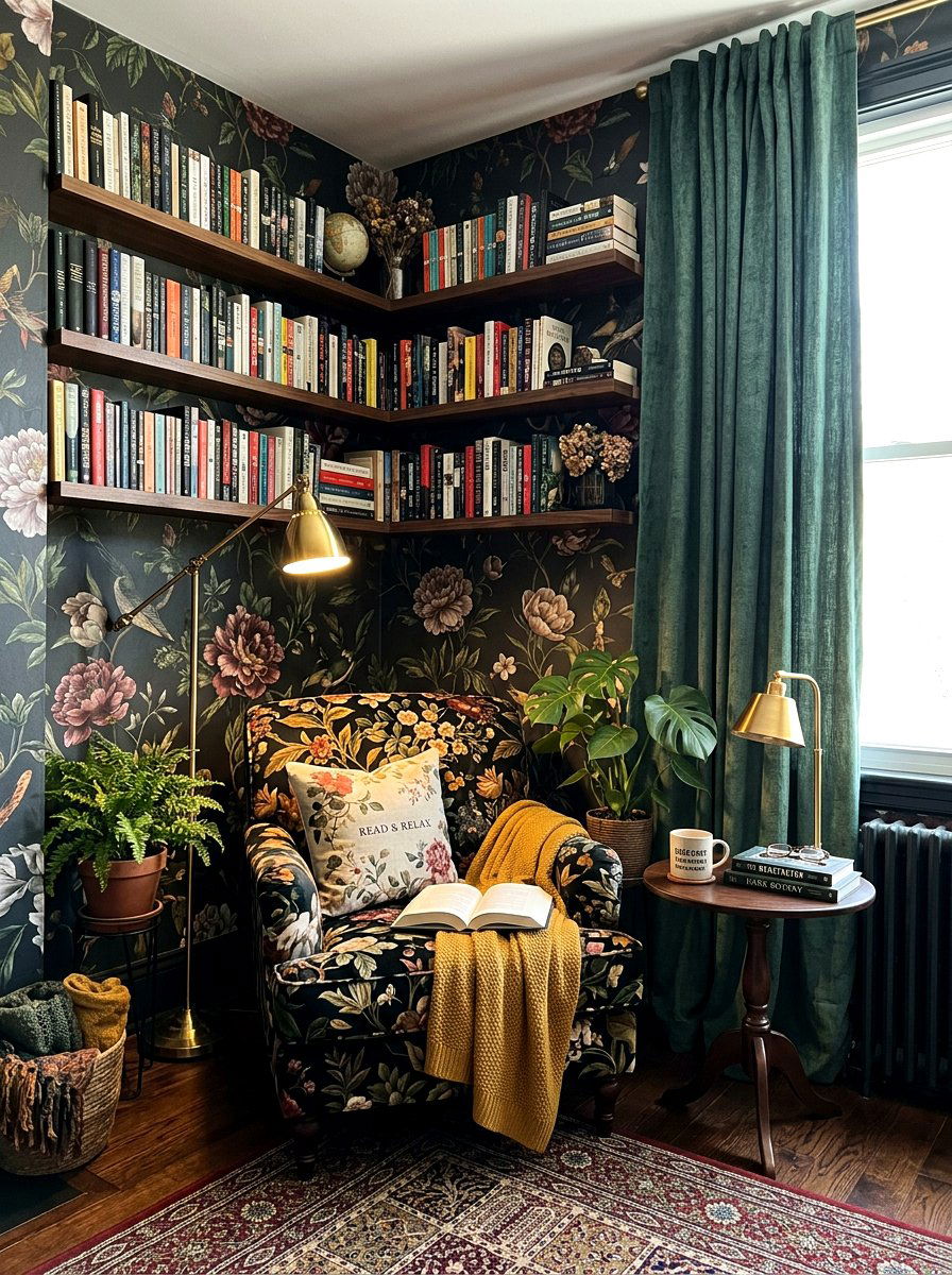 Dark floral reading nook - 30 dark floral fall decor ideas