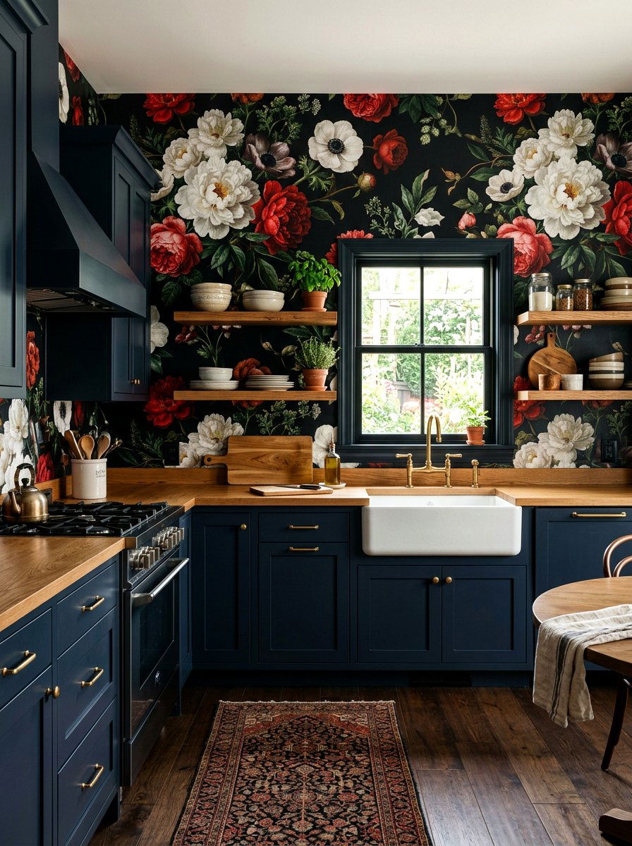 Dark floral wallpaper - 30 moody kitchen ideas