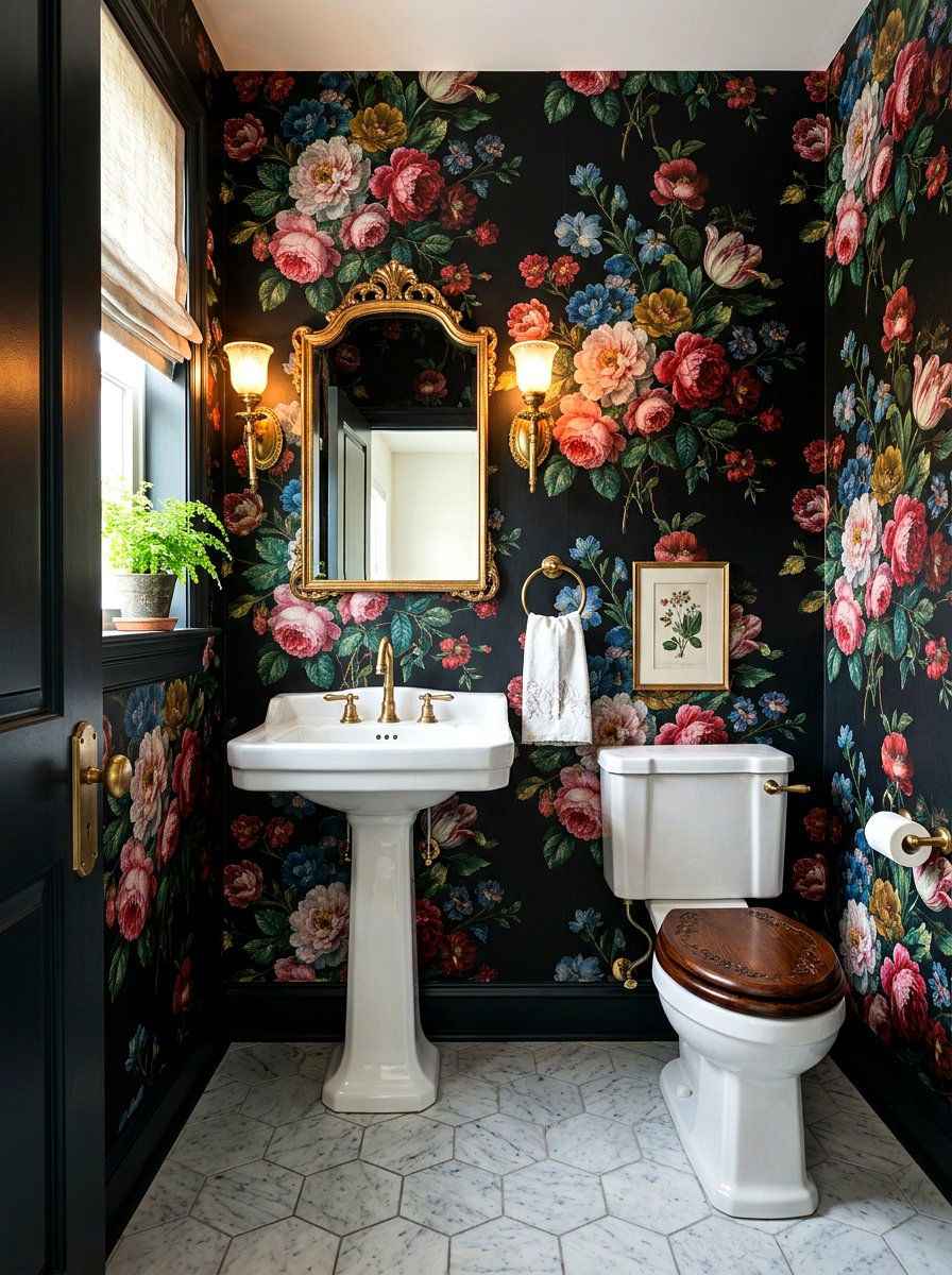 Dark floral wallpaper - 30 jewel box powder room wallpaper ideas