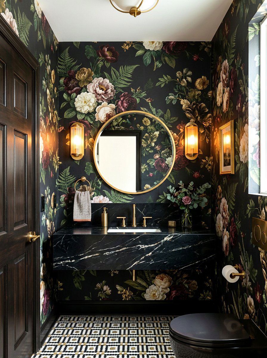 Dark floral wallpaper powder room - 30 jewel box powder room ideas