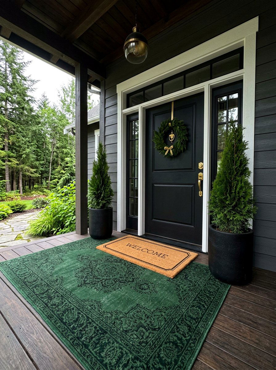 Dark forest green rug - 30 porch doormat layering ideas