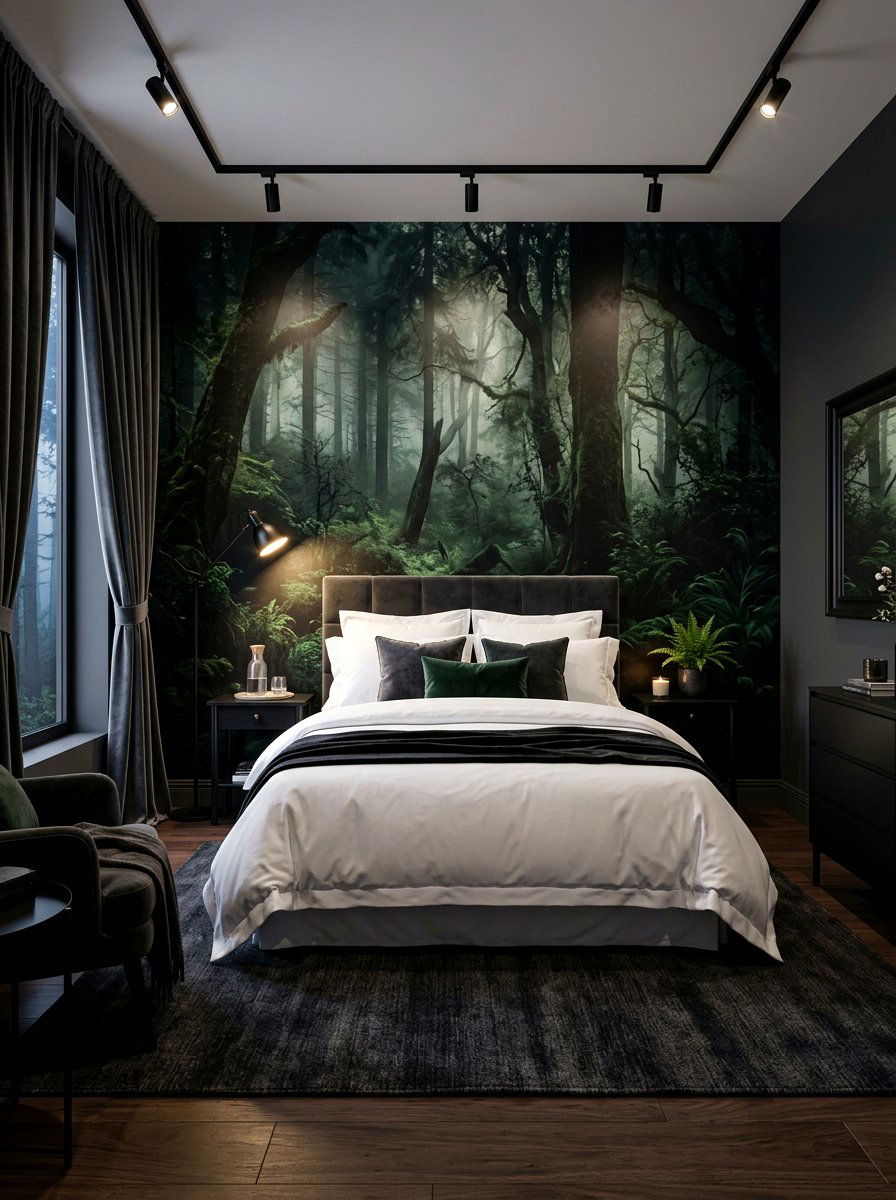 Dark forest wall mural - 30 landscape mural bedroom ideas