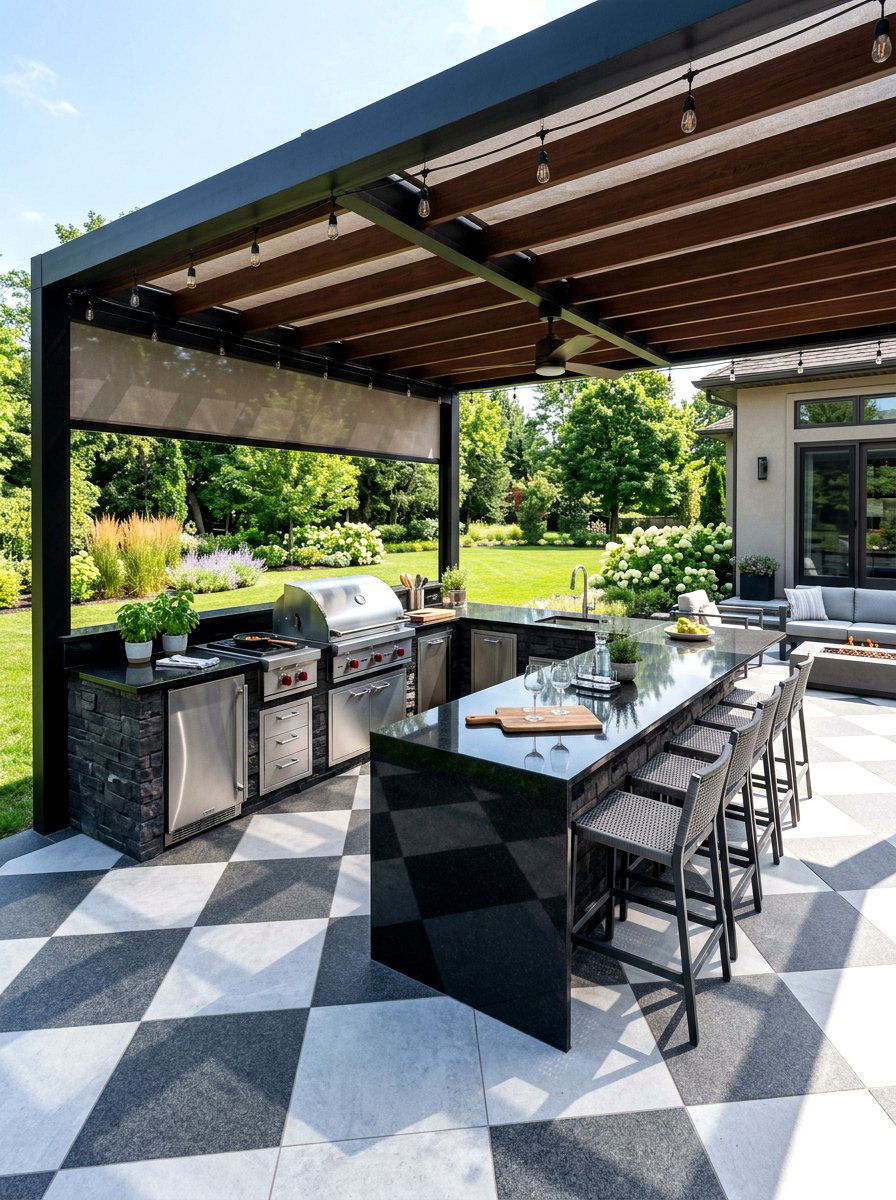 Dark granite and light porcelain pavers - 30 checkerboard patio paver ideas