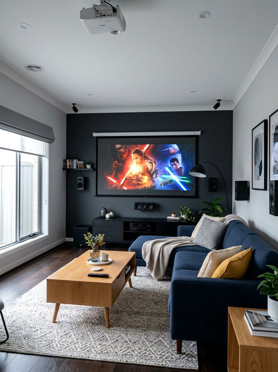 Dark gray accent wall media room - 30 projector room ideas