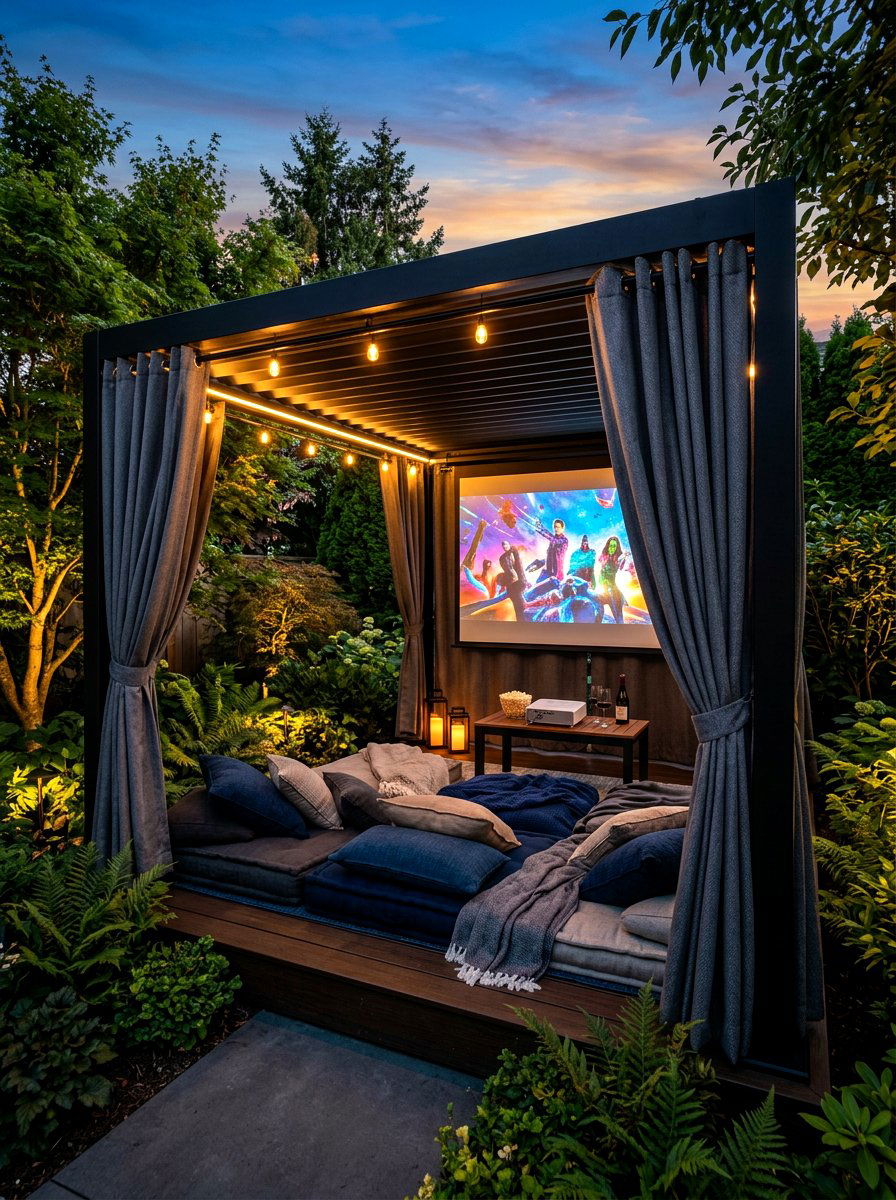 Dark gray blackout pergola lounge - 30 pergola privacy curtain ideas