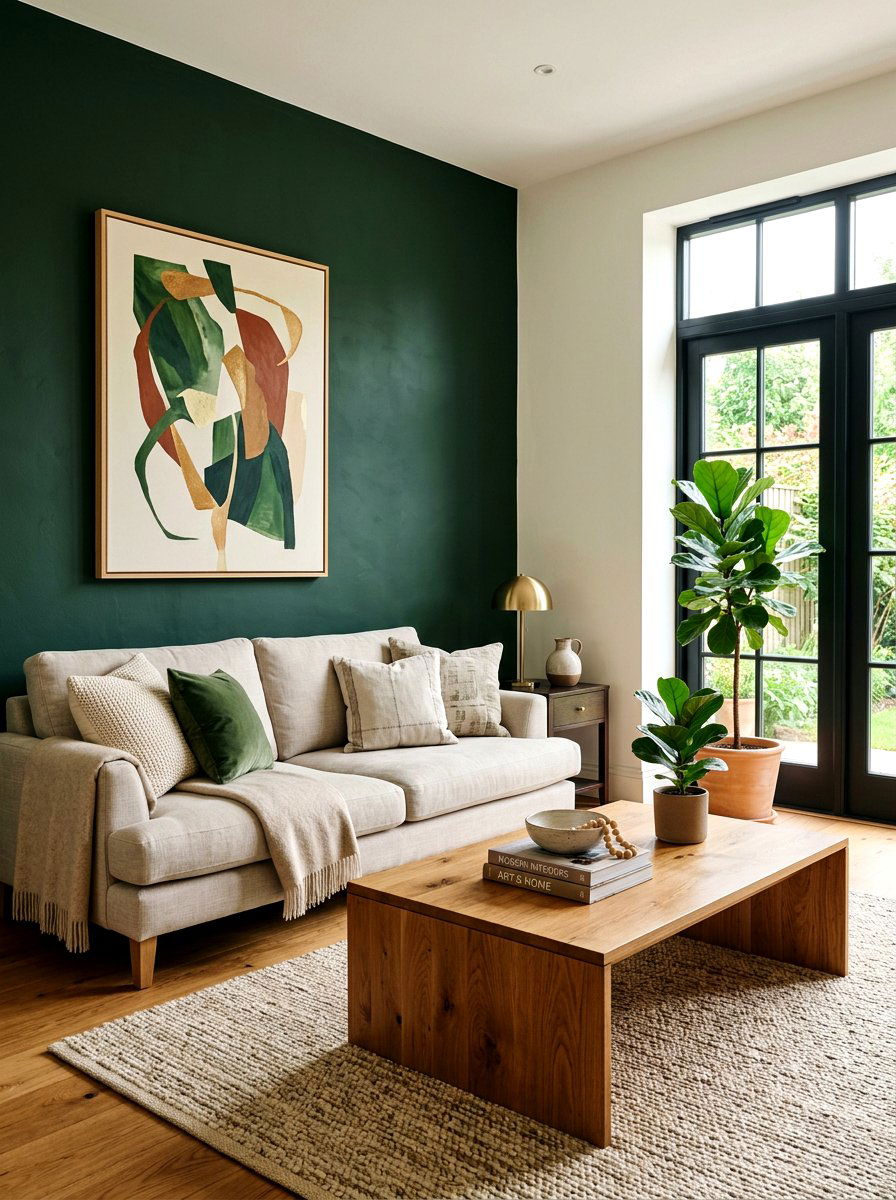 Dark green accent wall living room - 30 green living room ideas