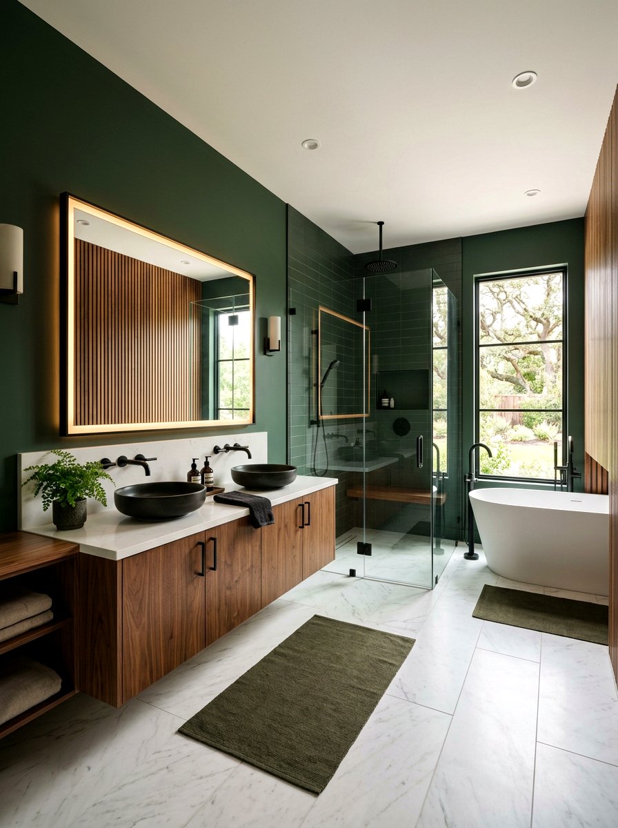 Dark green and wood bathroom - 30 color blocked bathroom ideas