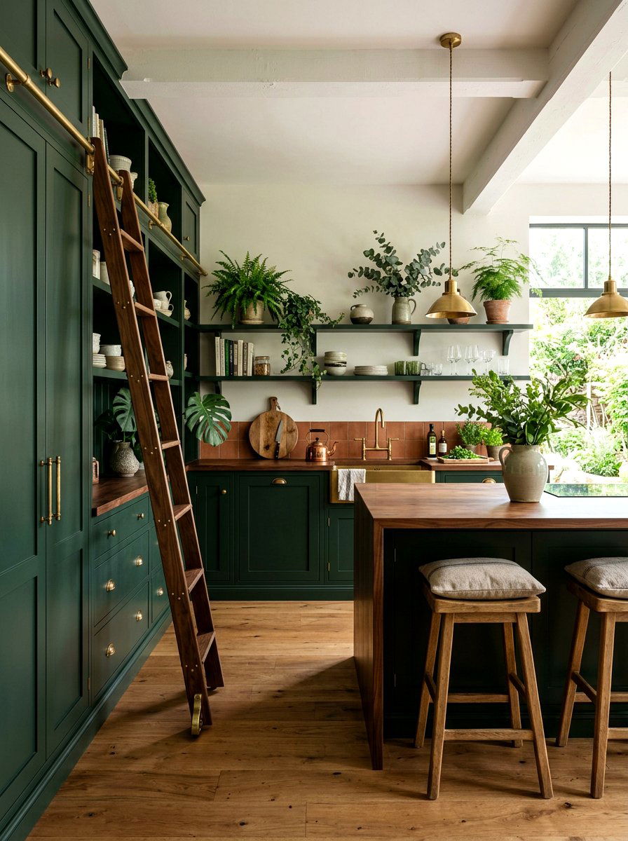 Dark green kitchen ladder - 30 library ladder kitchen ideas