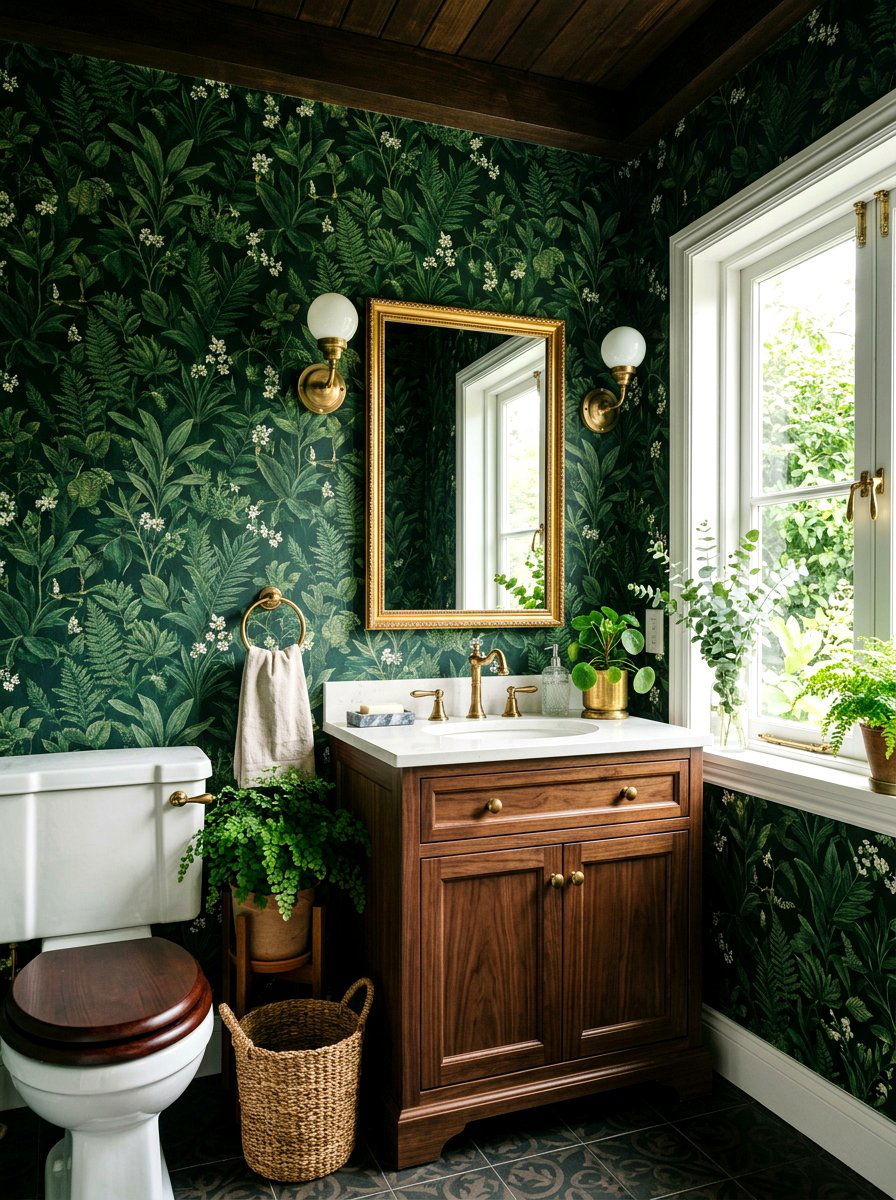 Dark green leaf wallpaper - 30 floral wallpaper powder room ideas
