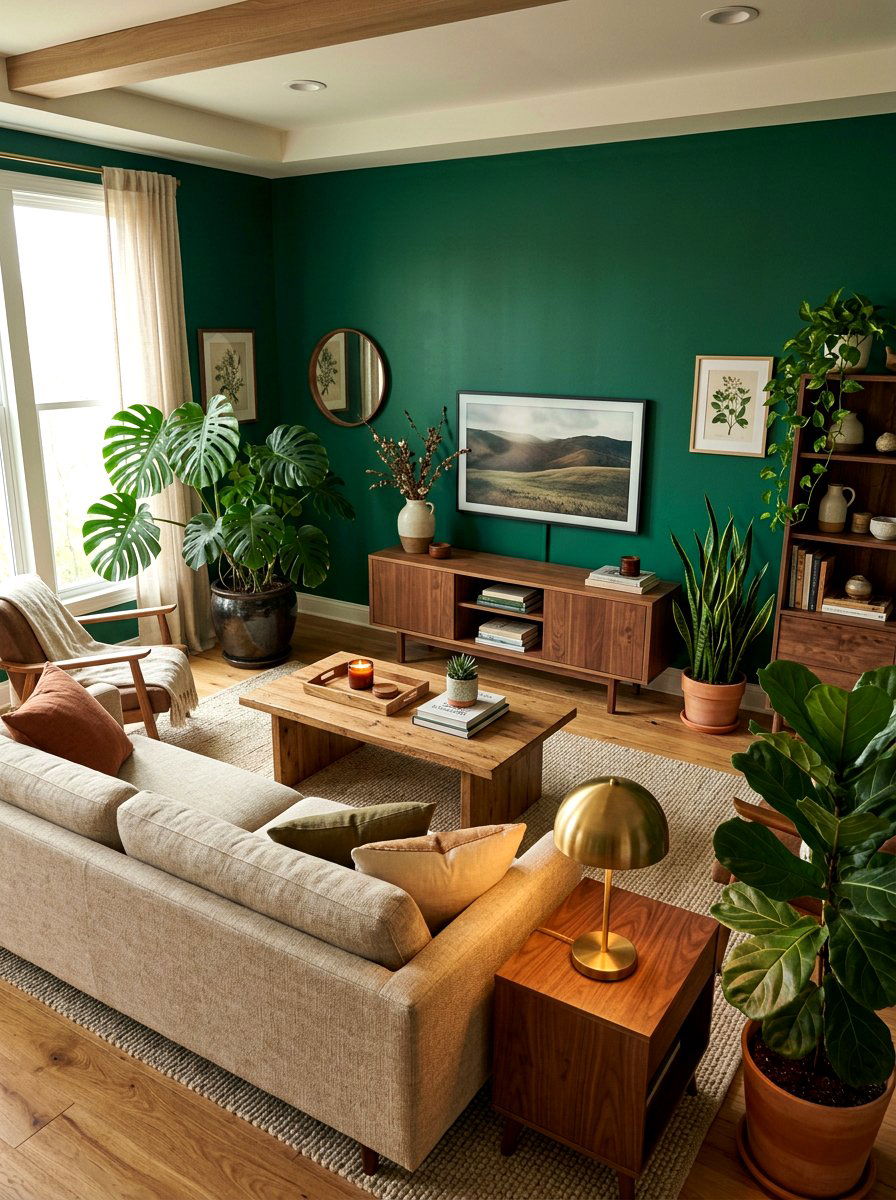 Dark green living room with wood furniture - 30 emerald green living room ideas