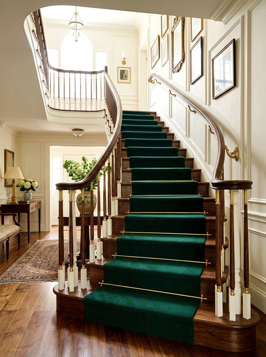 Dark green stair runner - 30 staircase runner ideas