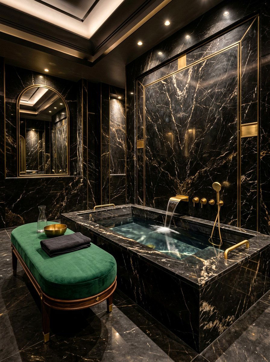 Dark marble cold plunge - 30 contrast therapy bathroom ideas