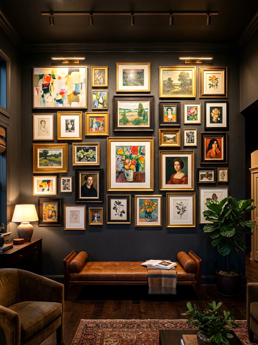 Dark moody accent wall gallery - 30 salon wall entry ideas