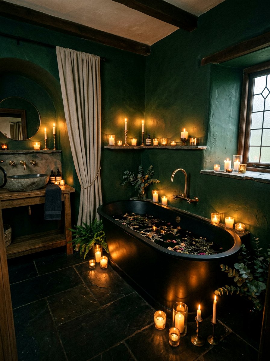 Dark moody bathroom with flickering light - 30 candlelit bathroom ideas