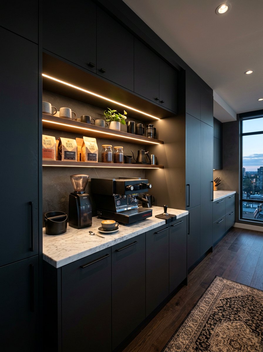 Dark moody cabinetry - 30 coffee pantry wall ideas