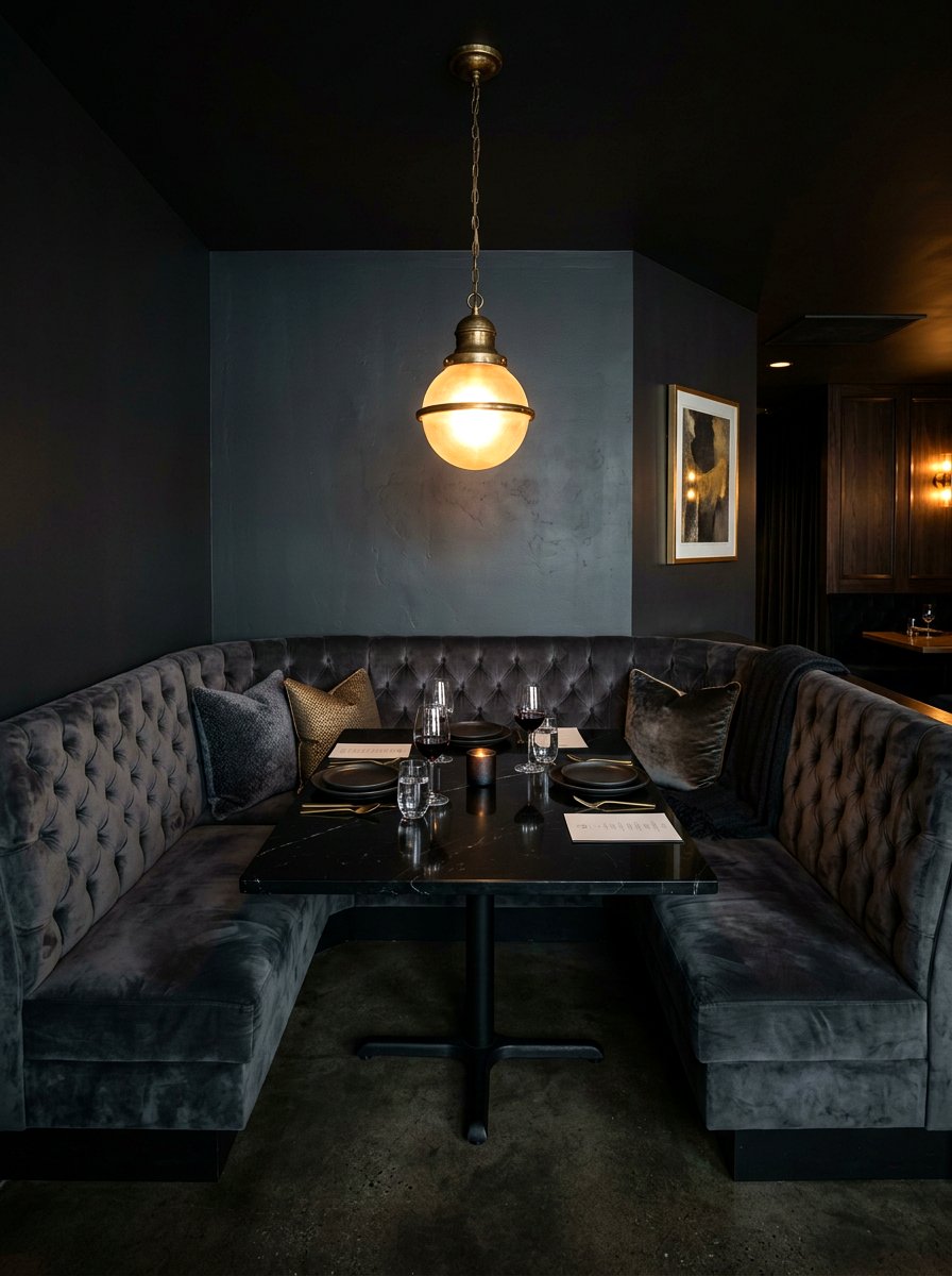 Dark moody dining booth - 30 curved banquette dining ideas