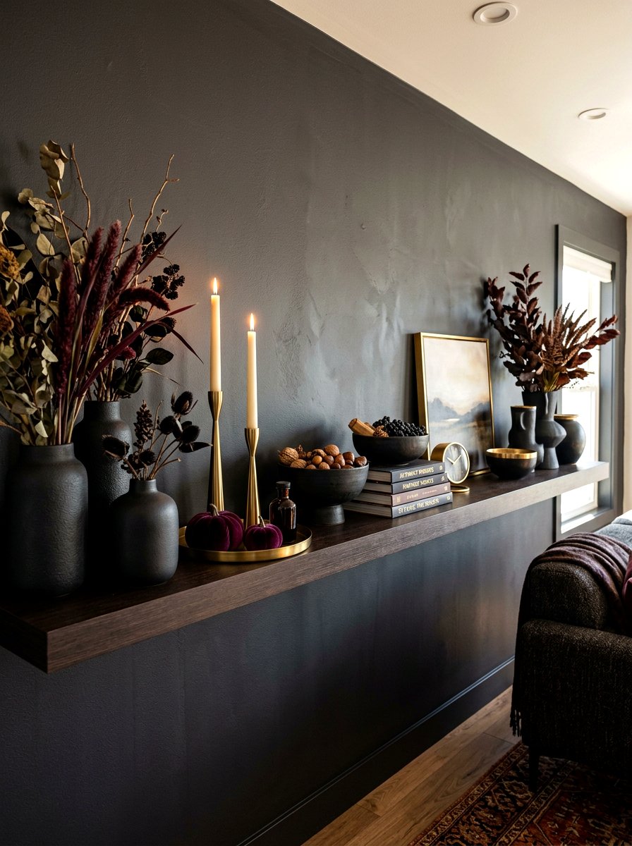 Dark moody fall shelf - 30 fall kitchen shelf decor ideas