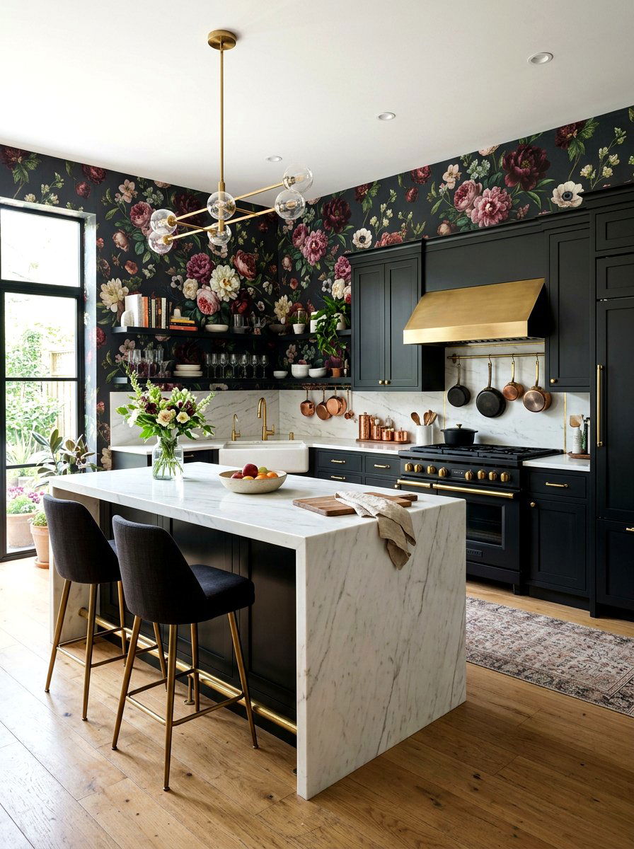 Dark moody floral kitchen wallpaper - 30 floral kitchen wallpaper ideas