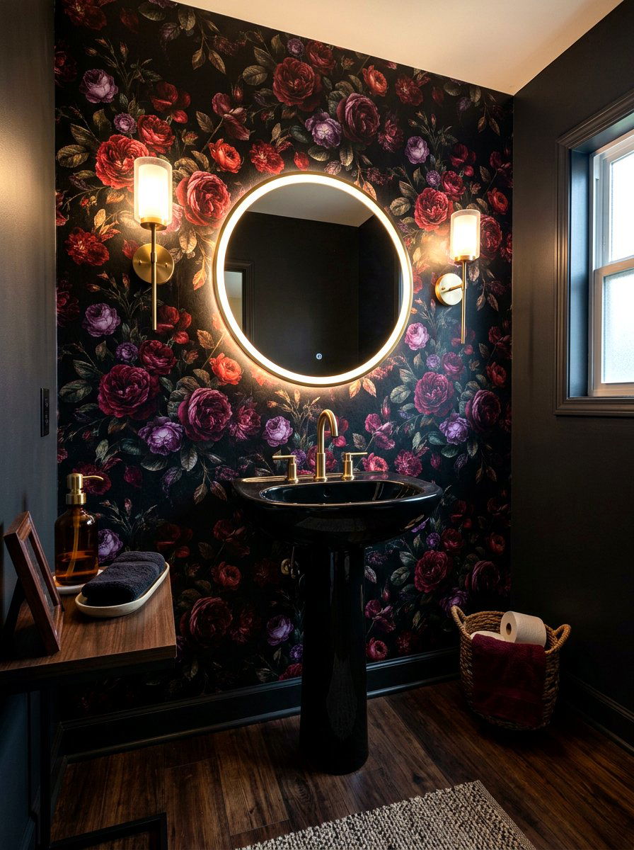 Dark moody floral powder room - 30 floral wallpaper powder room ideas