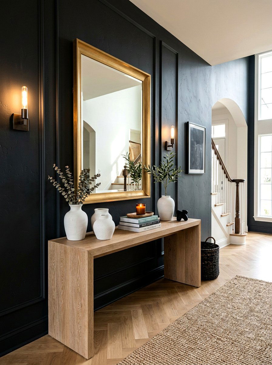Dark moody foyer wall - 30 foyer console styling ideas