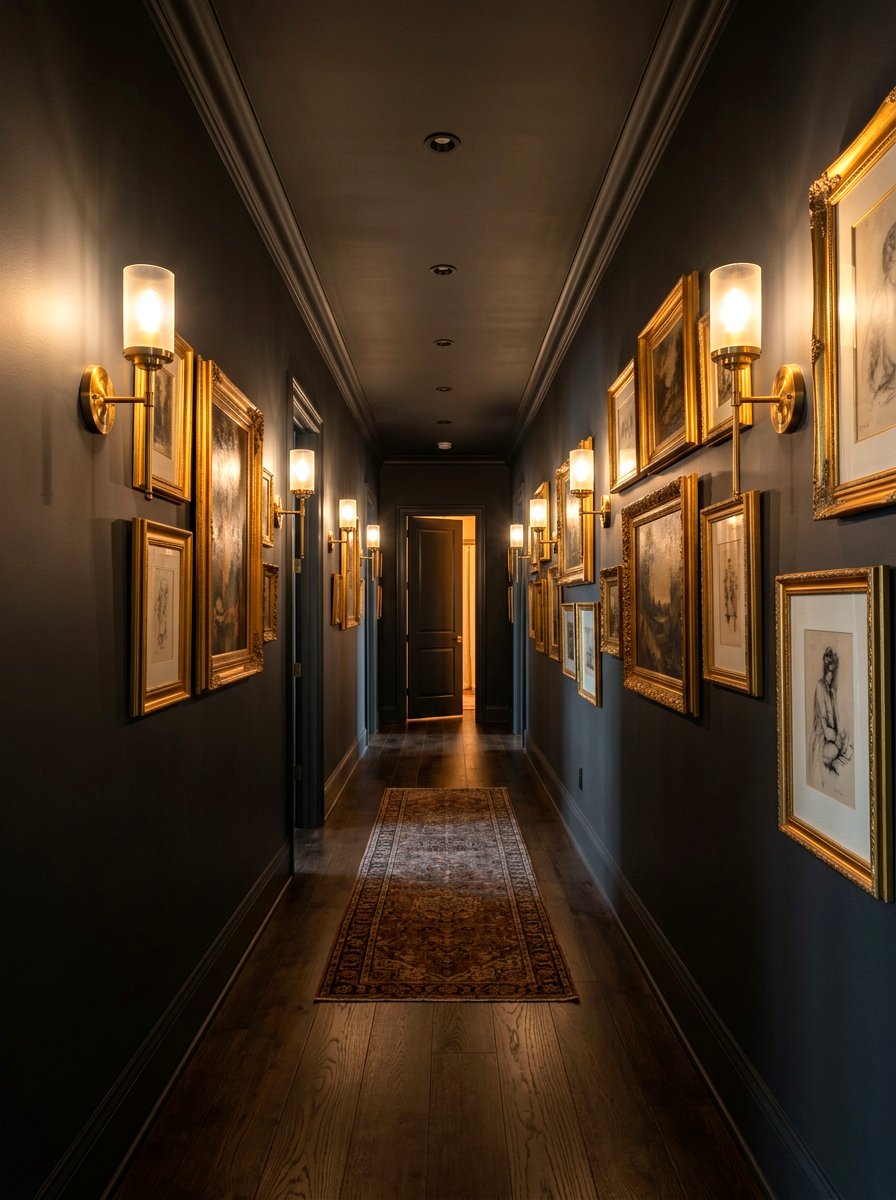 Dark moody gallery backdrop - 30 hallway gallery wall ideas
