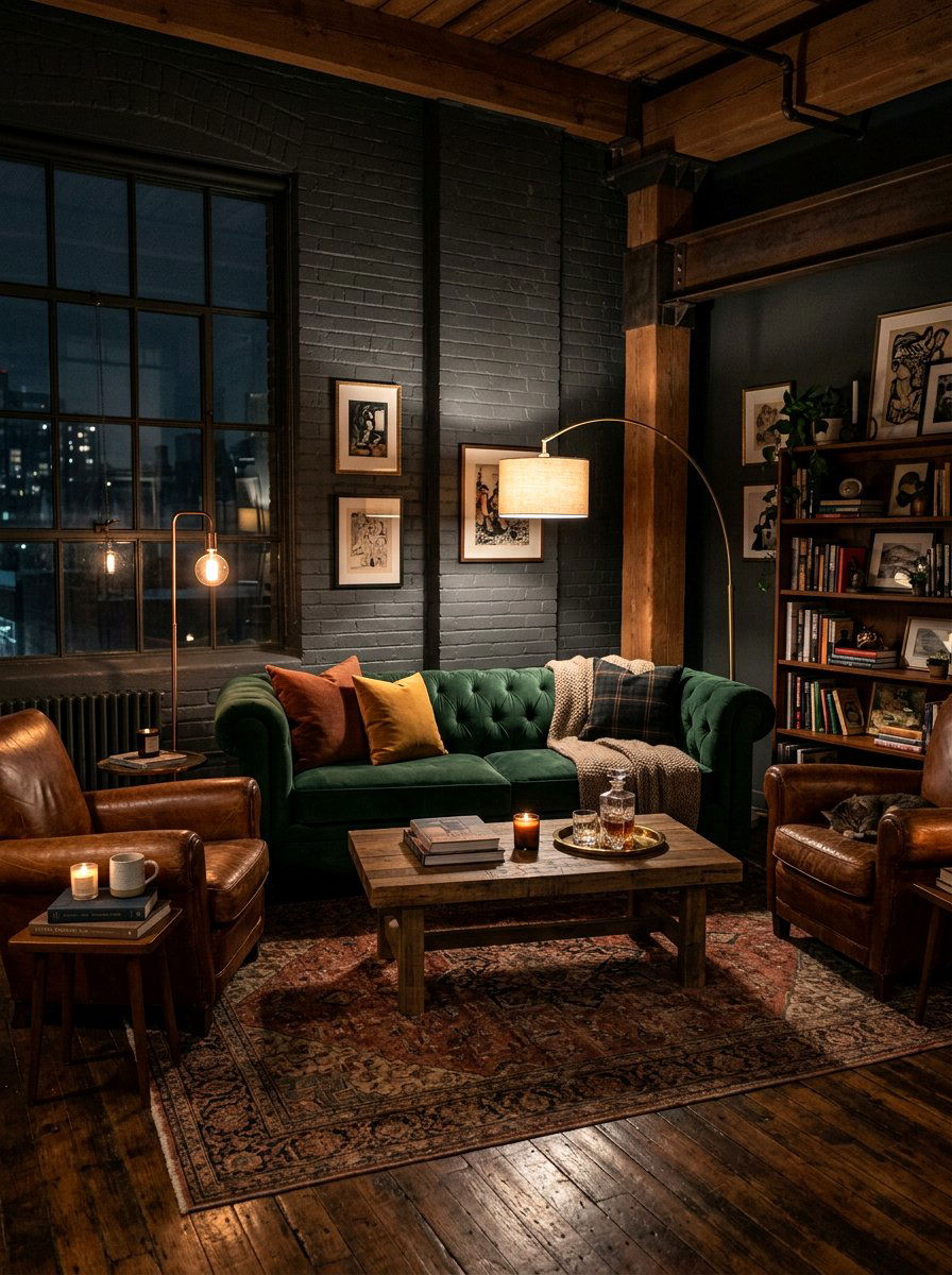 Dark moody loft living - 30 loft living room ideas