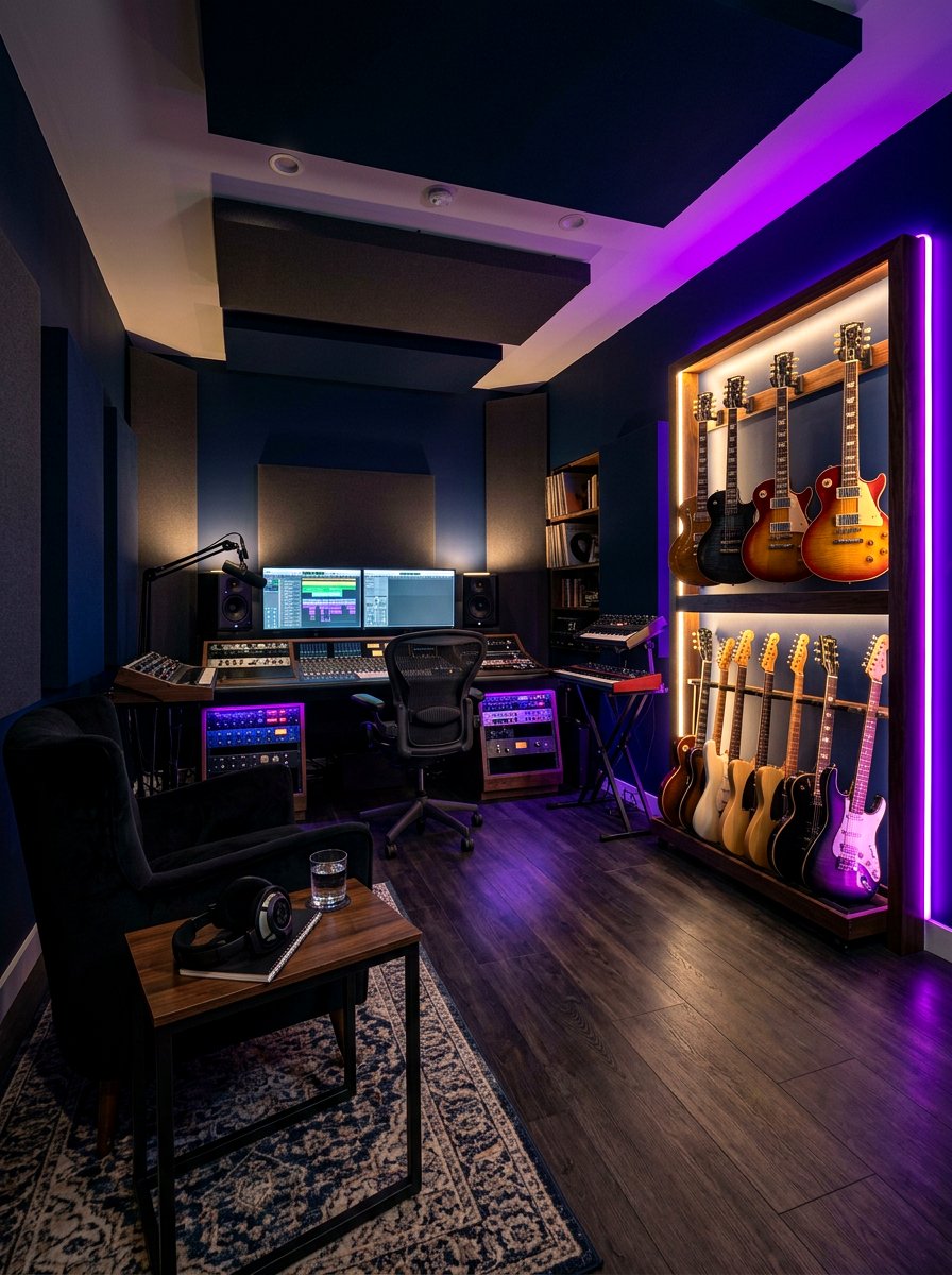 Dark moody music studio - 30 music practice room ideas