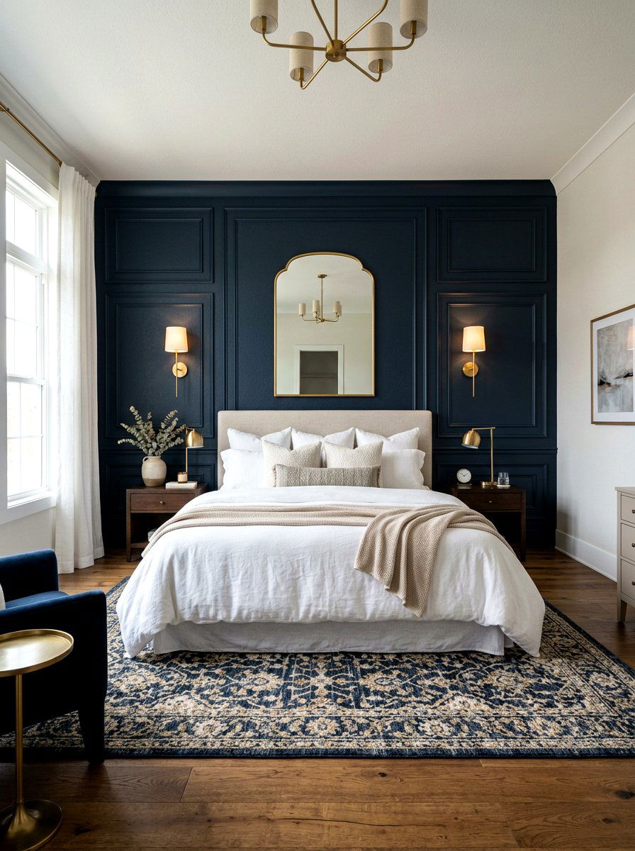 Dark navy accent wall - 30 Parisian hotel bedroom ideas