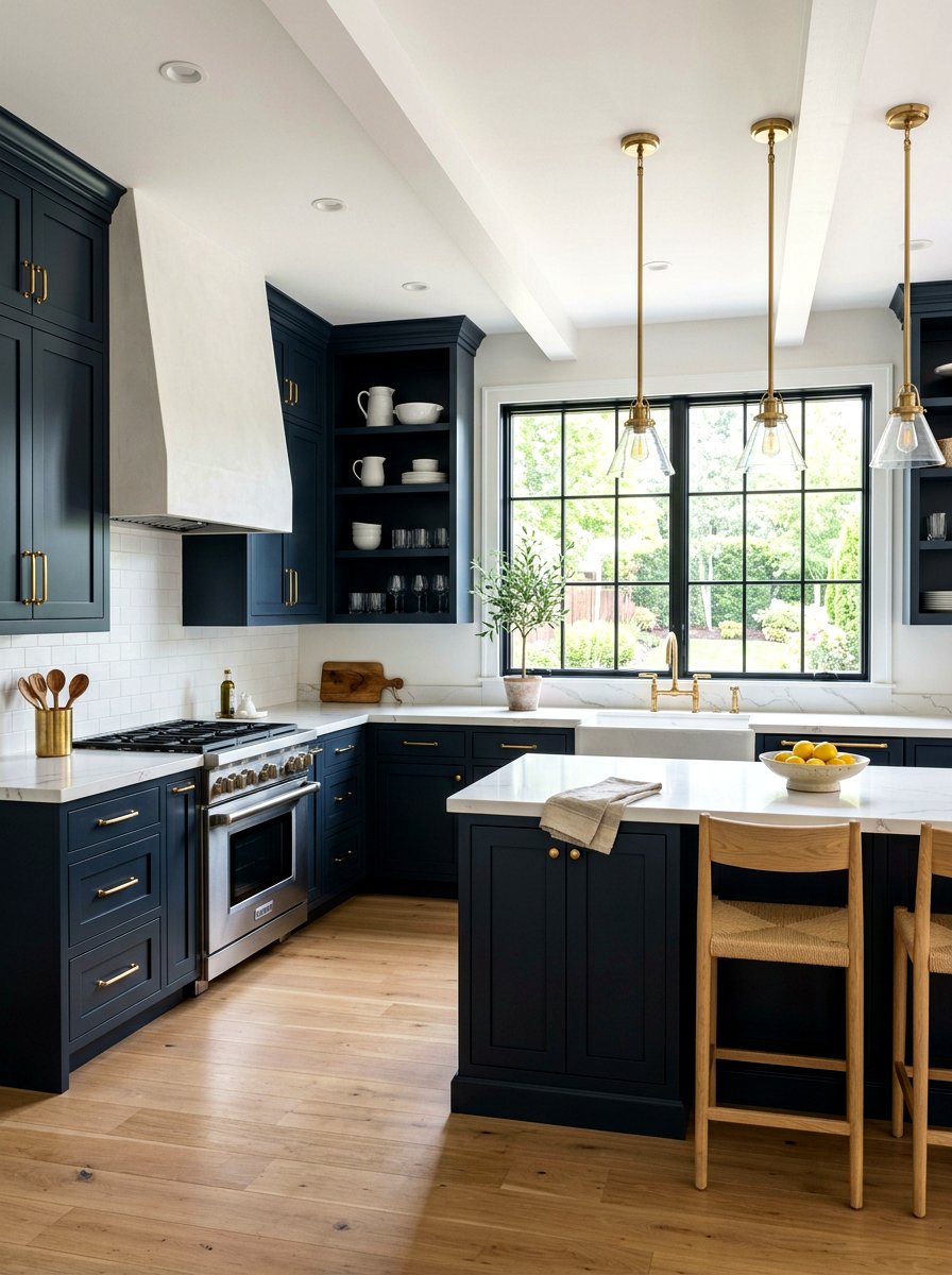 Dark navy blue cabinets - 30 industrial farmhouse kitchen ideas