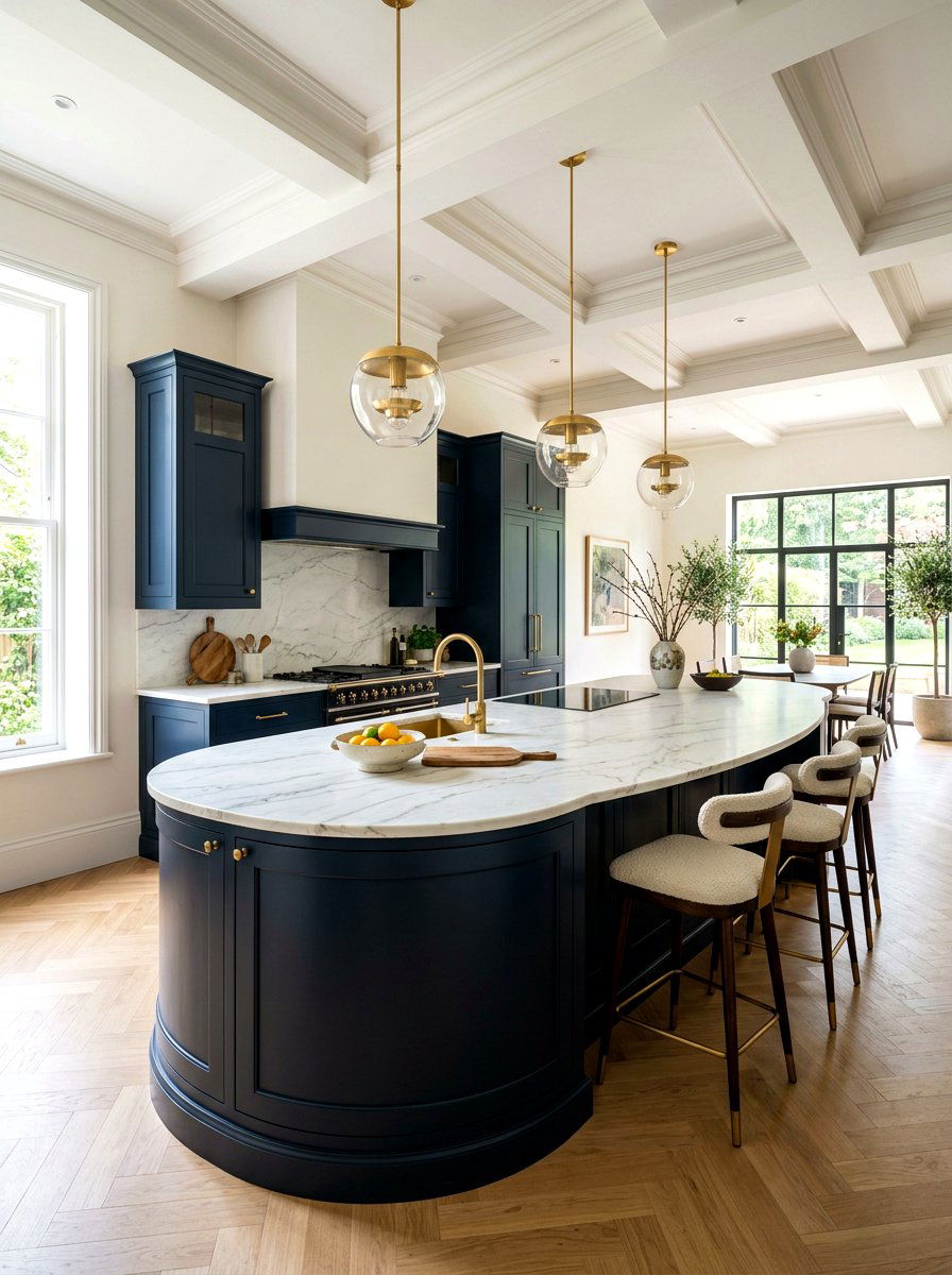 Dark navy curved island - 30 curved kitchen island ideas